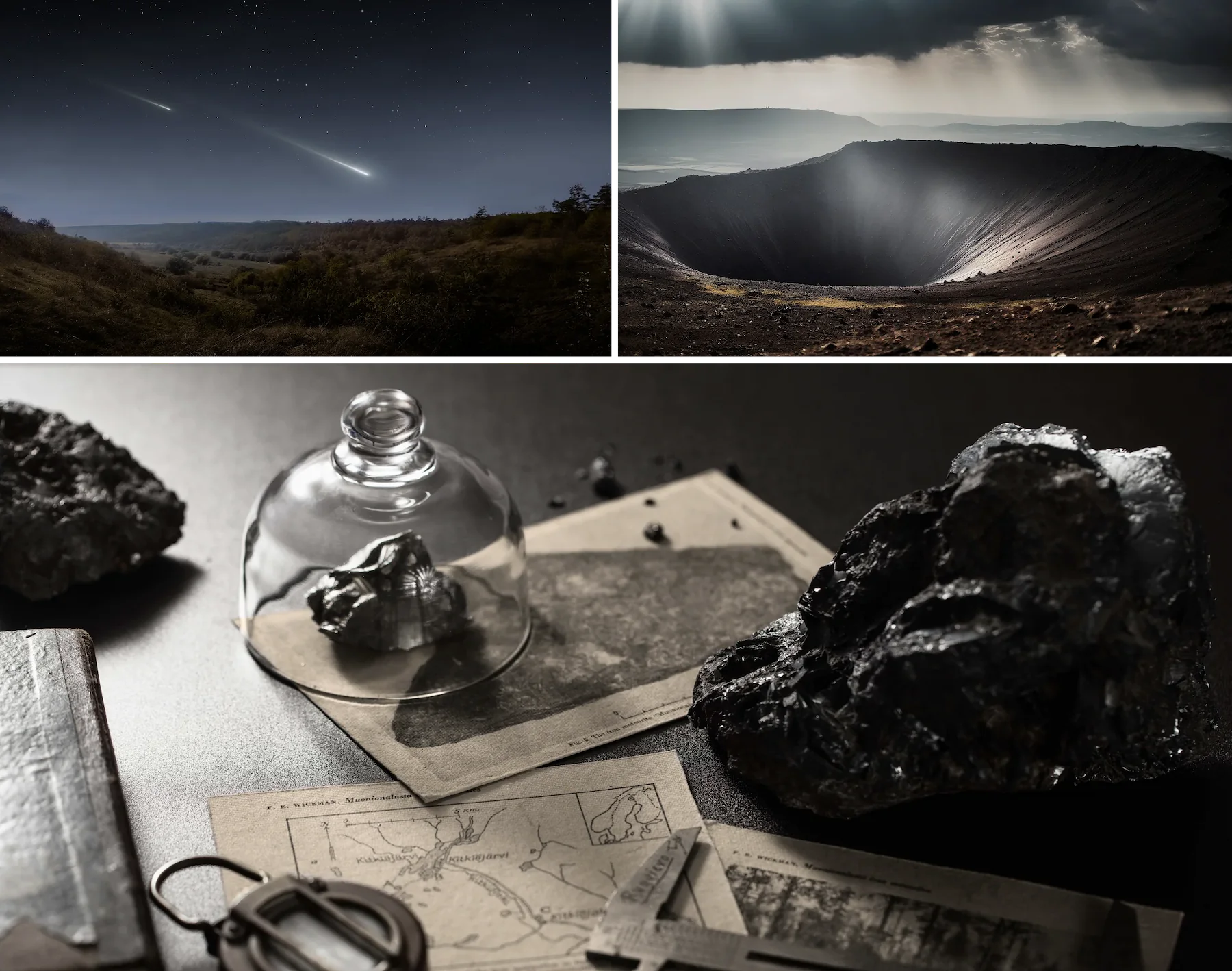 pezzi di roccia provenienti da meteorite nello spazio e cratere