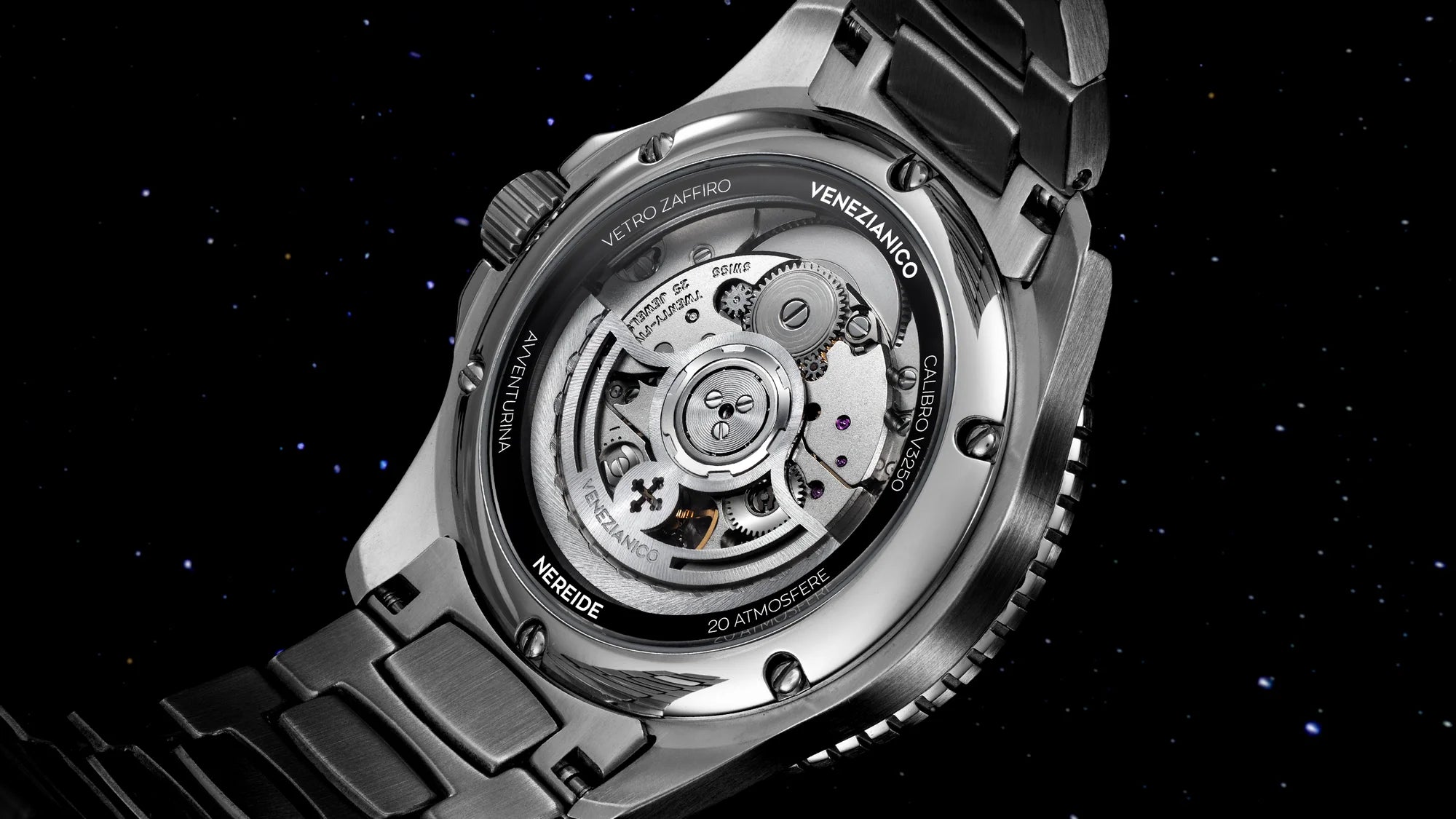 fondello a vista venezianico nereide avventurina nera con movimento personalizzato soprod con sfondo spazio