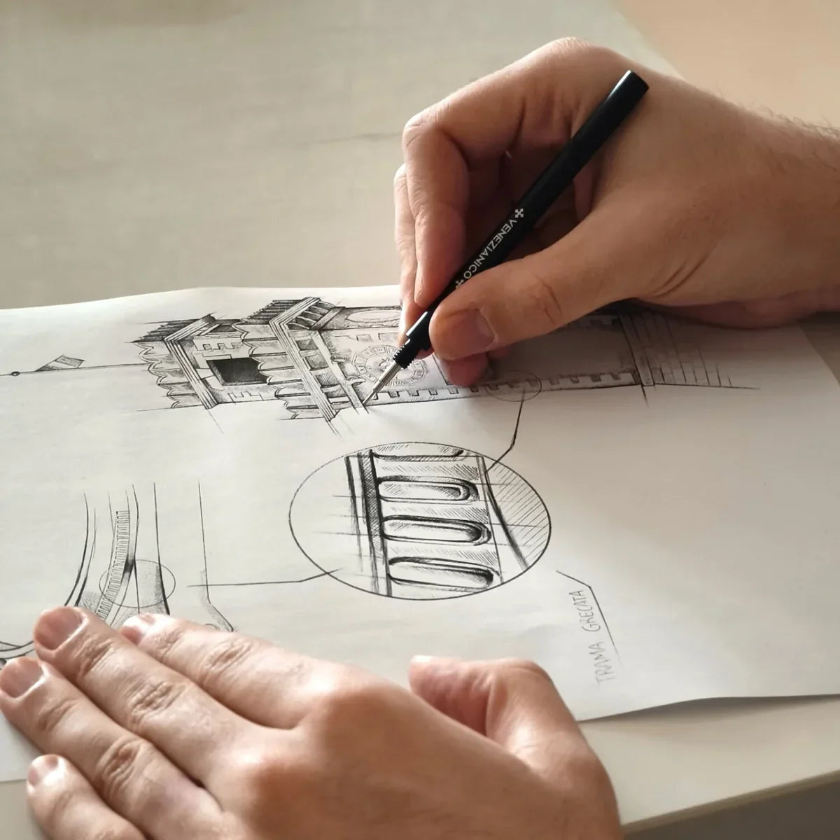 disegno tenico dei dettagli dell'arsenale venezianico con ispirazione della torre dell'orologio